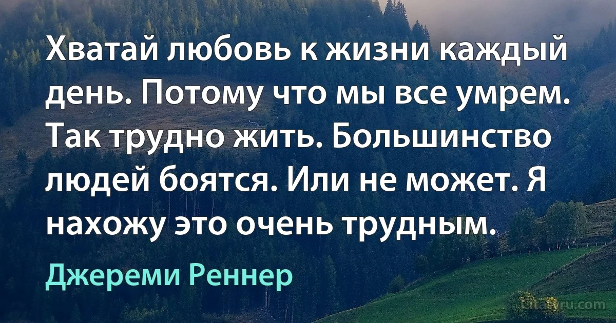 Хватай любовь к жизни каждый день. Потому что мы все умрем. Так трудно жить. Большинство людей боятся. Или не может. Я нахожу это очень трудным. (Джереми Реннер)