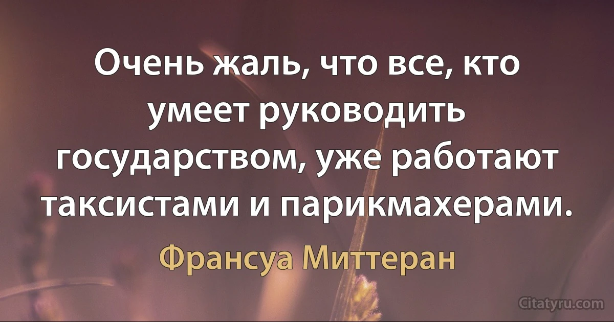 Очень жаль, что все, кто умеет руководить государством, уже работают таксистами и парикмахерами. (Франсуа Миттеран)