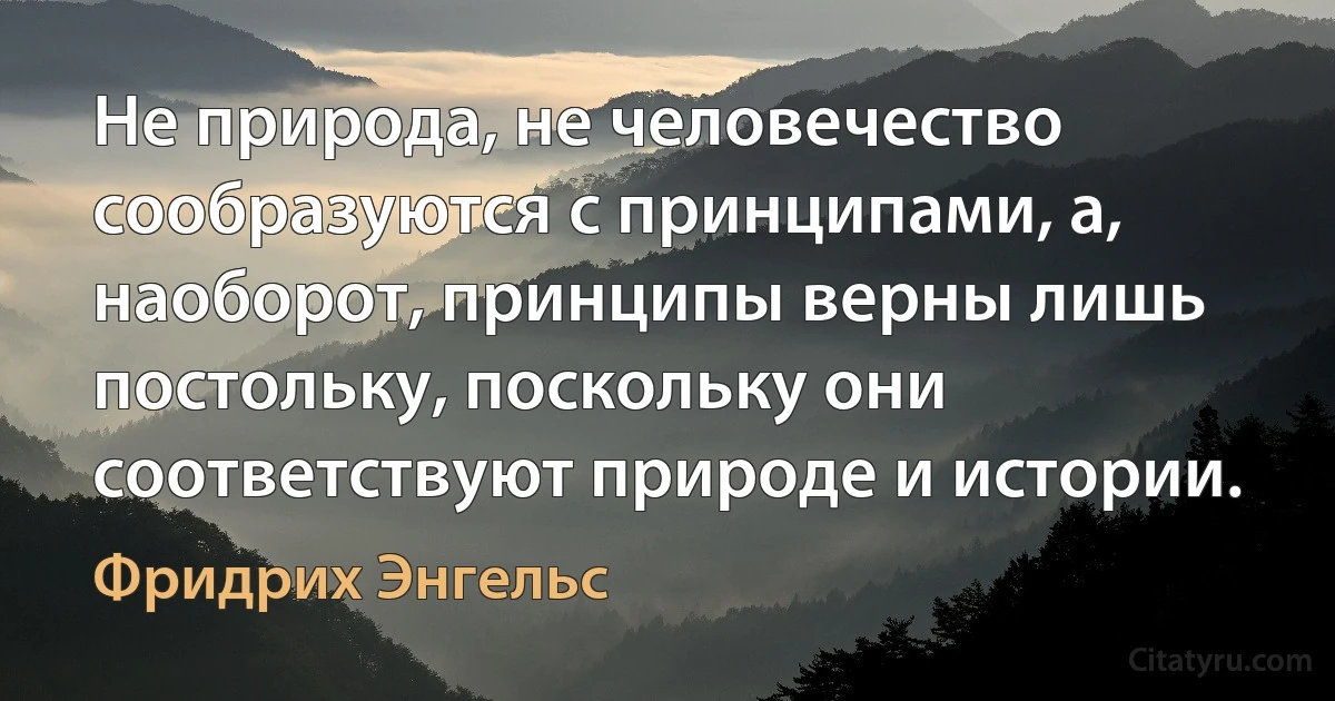 Не природа, не человечество сообразуются с принципами, а, наоборот, принципы верны лишь постольку, поскольку они соответствуют природе и истории. (Фридрих Энгельс)