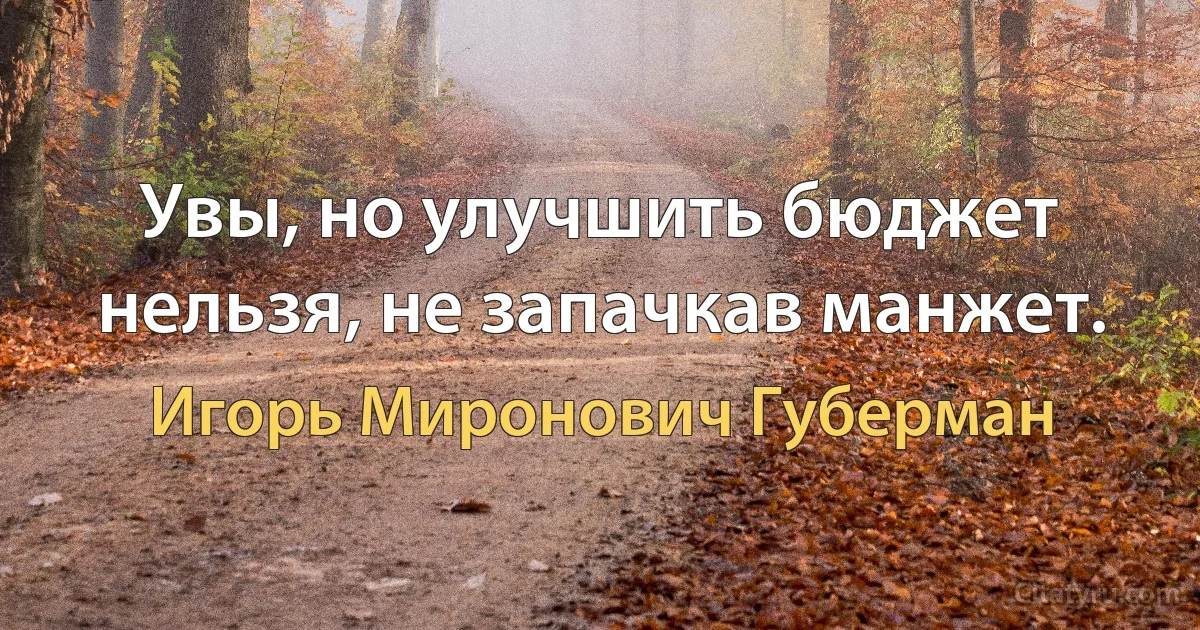 Увы, но улучшить бюджет
нельзя, не запачкав манжет. (Игорь Миронович Губерман)