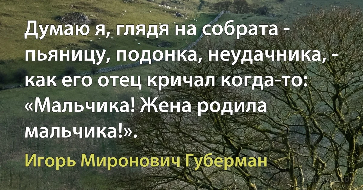 Думаю я, глядя на собрата -
пьяницу, подонка, неудачника, -
как его отец кричал когда-то:
«Мальчика! Жена родила мальчика!». (Игорь Миронович Губерман)