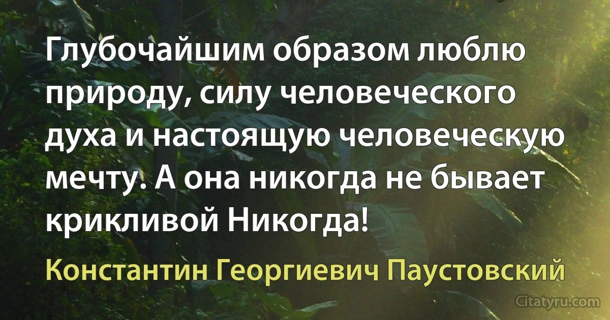 Глубочайшим образом люблю природу, силу человеческого духа и настоящую человеческую мечту. А она никогда не бывает крикливой Никогда! (Константин Георгиевич Паустовский)