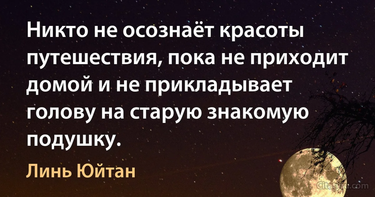 Никто не осознаёт красоты путешествия, пока не приходит домой и не прикладывает голову на старую знакомую подушку. (Линь Юйтан)