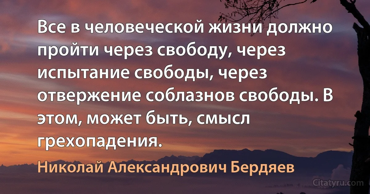 Все в человеческой жизни должно пройти через свободу, через испытание свободы, через отвержение соблазнов свободы. В этом, может быть, смысл грехопадения. (Николай Александрович Бердяев)