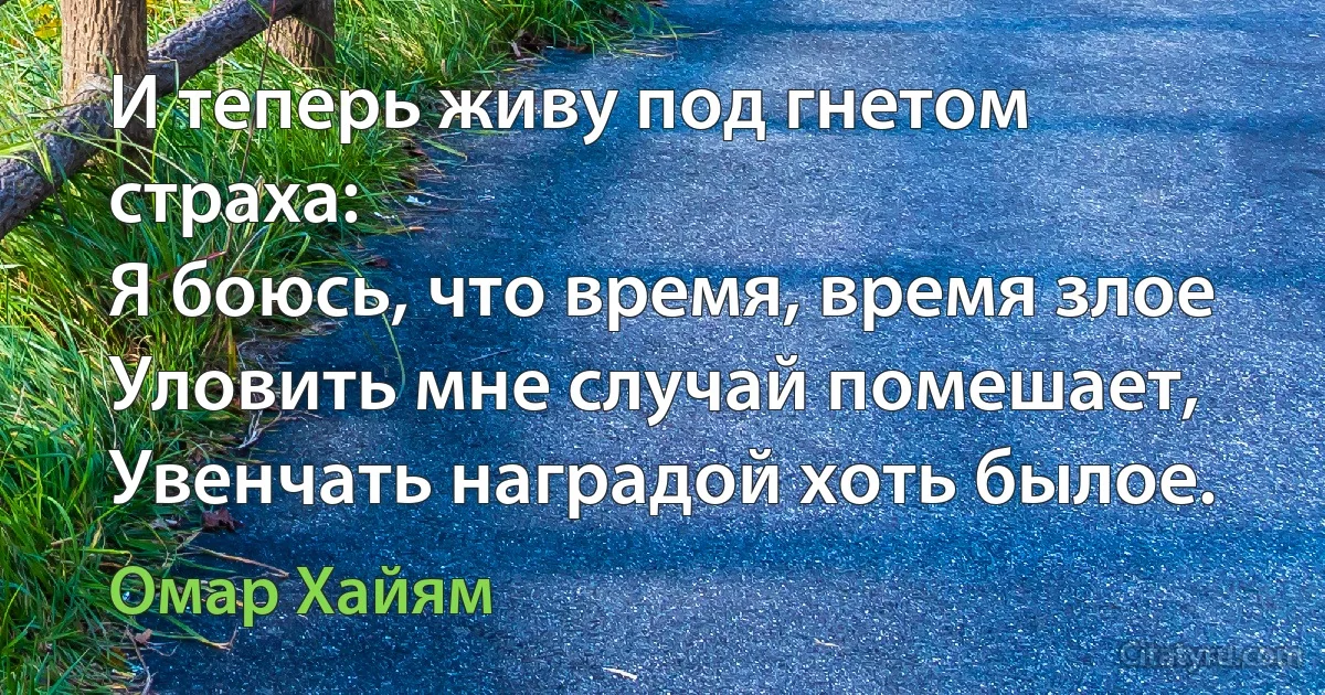 И теперь живу под гнетом страха:
Я боюсь, что время, время злое
Уловить мне случай помешает,
Увенчать наградой хоть былое. (Омар Хайям)