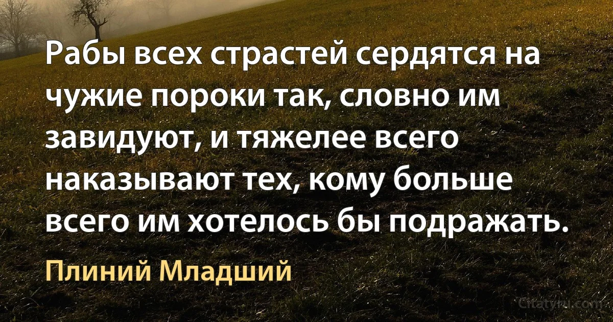 Рабы всех страстей сердятся на чужие пороки так, словно им завидуют, и тяжелее всего наказывают тех, кому больше всего им хотелось бы подражать. (Плиний Младший)