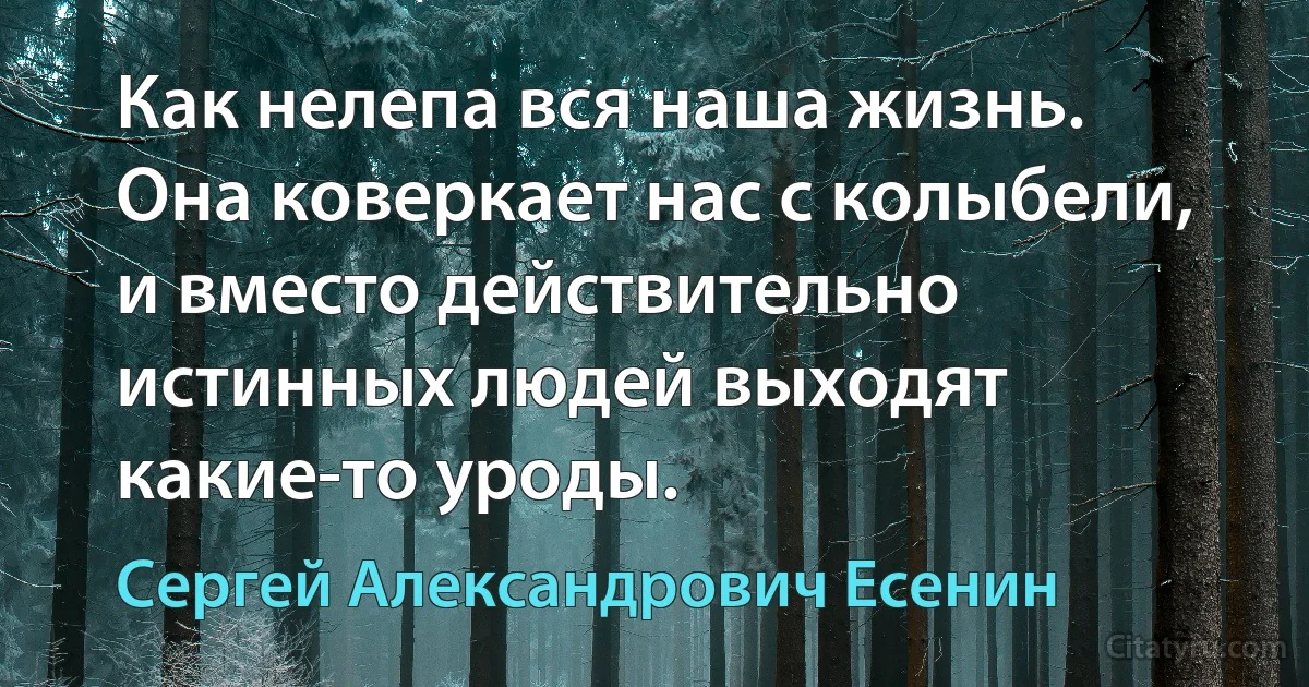 Как нелепа вся наша жизнь. Она коверкает нас с колыбели, и вместо действительно истинных людей выходят какие-то уроды. (Сергей Александрович Есенин)