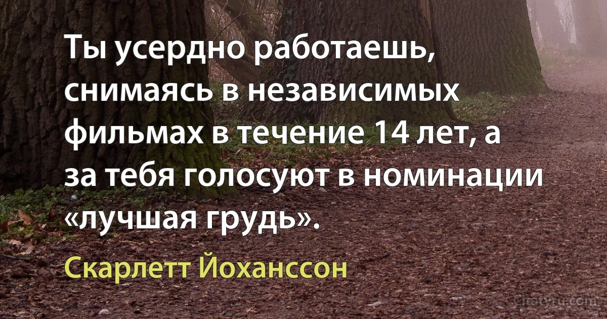 Ты усердно работаешь, снимаясь в независимых фильмах в течение 14 лет, а за тебя голосуют в номинации «лучшая грудь». (Скарлетт Йоханссон)