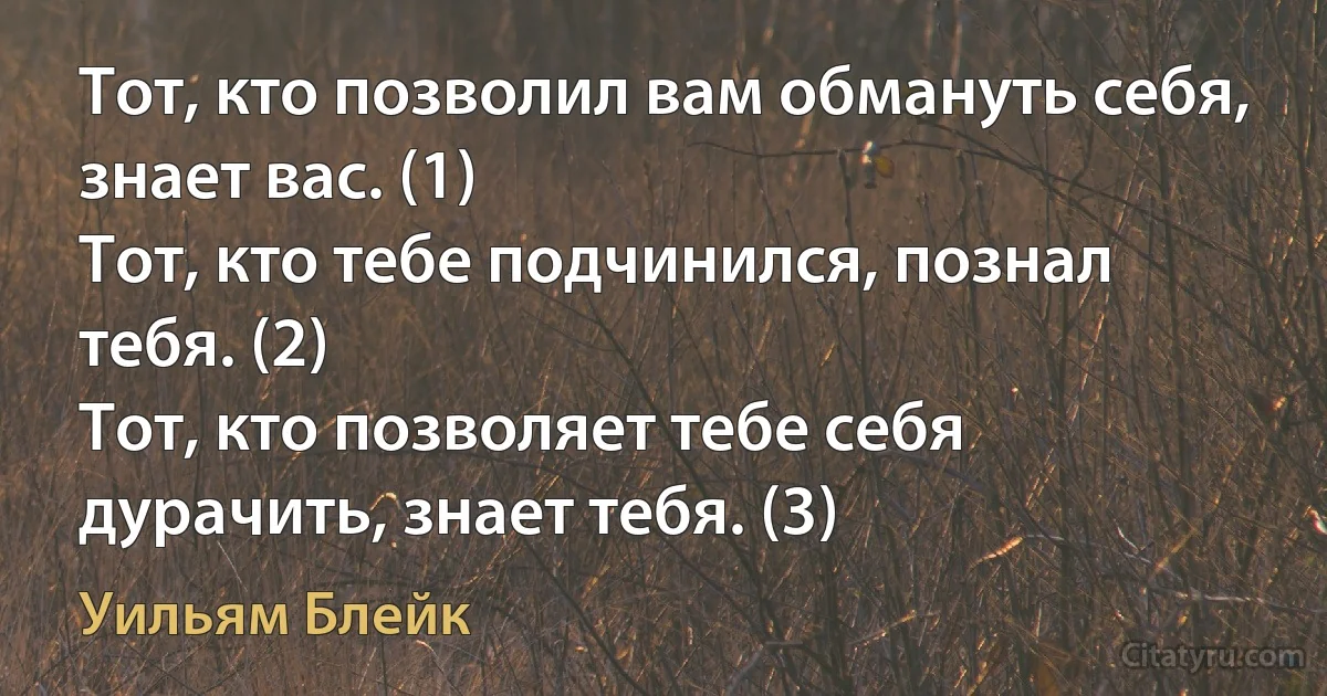 Тот, кто позволил вам обмануть себя, знает вас. (1)
Тот, кто тебе подчинился, познал тебя. (2)
Тот, кто позволяет тебе себя дурачить, знает тебя. (3) (Уильям Блейк)