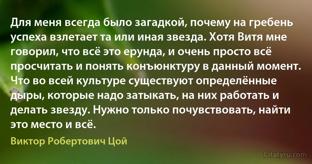 Для меня всегда было загадкой, почему на гребень успеха взлетает та или иная звезда. Хотя Витя мне говорил, что всё это ерунда, и очень просто всё просчитать и понять конъюнктуру в данный момент. Что во всей культуре существуют определённые дыры, которые надо затыкать, на них работать и делать звезду. Нужно только почувствовать, найти это место и всё. (Виктор Робертович Цой)