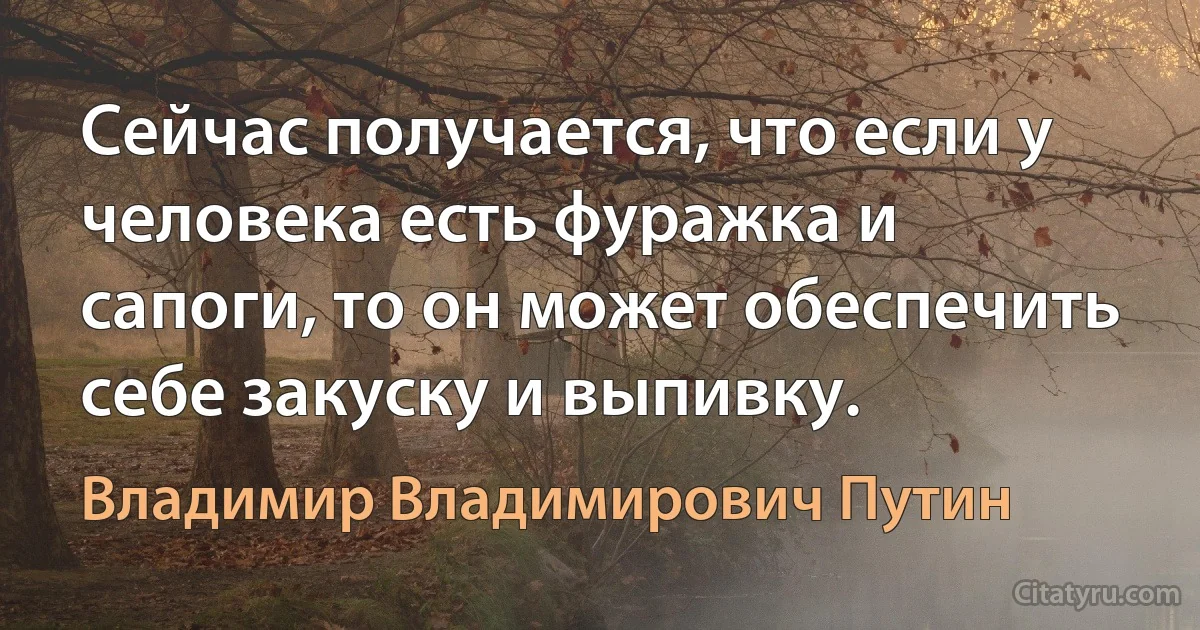 Сейчас получается, что если у человека есть фуражка и сапоги, то он может обеспечить себе закуску и выпивку. (Владимир Владимирович Путин)