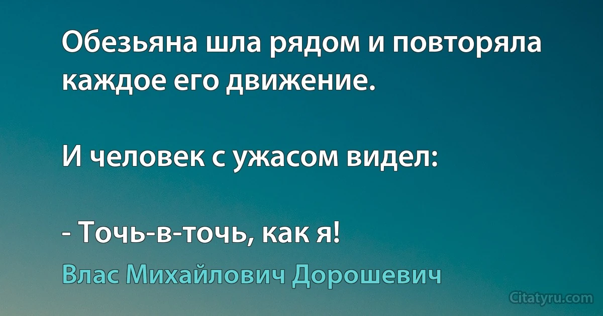 Обезьяна шла рядом и повторяла каждое его движение.

И человек с ужасом видел:

- Точь-в-точь, как я! (Влас Михайлович Дорошевич)