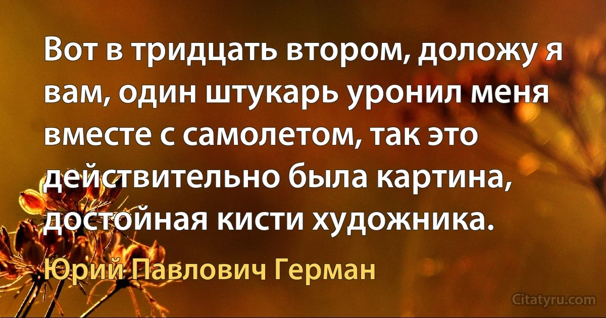 Вот в тридцать втором, доложу я вам, один штукарь уронил меня вместе с самолетом, так это действительно была картина, достойная кисти художника. (Юрий Павлович Герман)