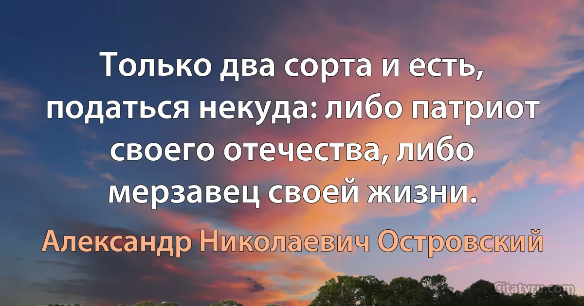 Только два сорта и есть, податься некуда: либо патриот своего отечества, либо мерзавец своей жизни. (Александр Николаевич Островский)