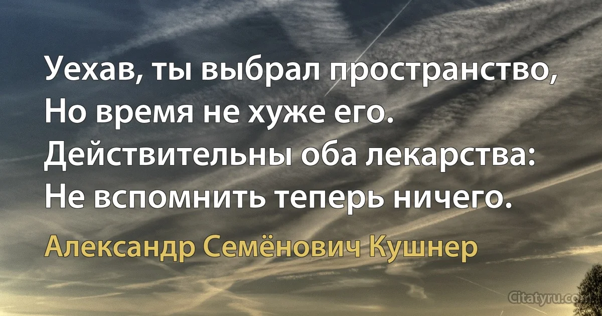 Уехав, ты выбрал пространство,
Но время не хуже его.
Действительны оба лекарства:
Не вспомнить теперь ничего. (Александр Семёнович Кушнер)