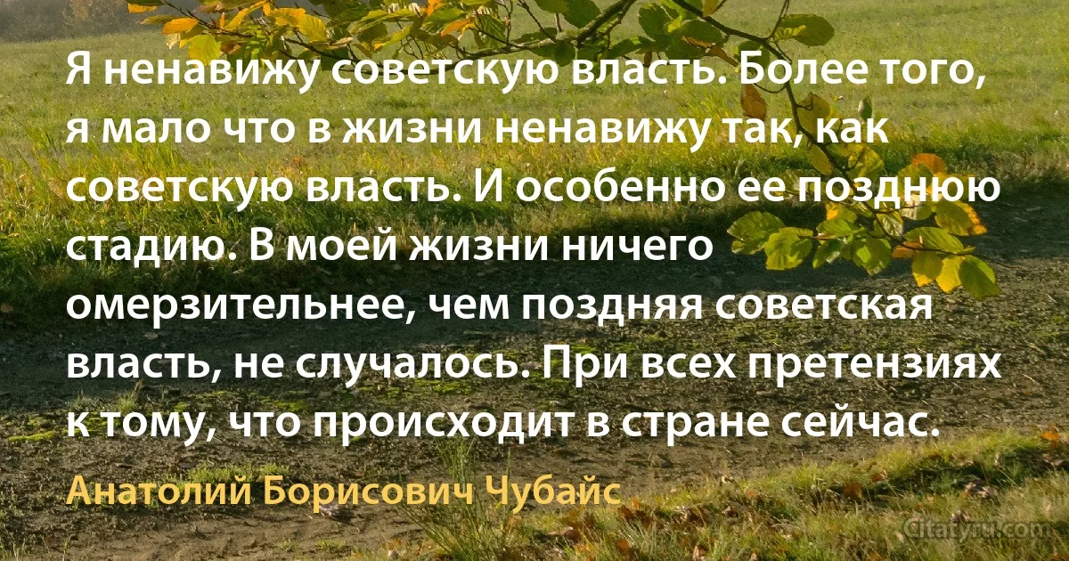 Я ненавижу советскую власть. Более того, я мало что в жизни ненавижу так, как советскую власть. И особенно ее позднюю стадию. В моей жизни ничего омерзительнее, чем поздняя советская власть, не случалось. При всех претензиях к тому, что происходит в стране сейчас. (Анатолий Борисович Чубайс)