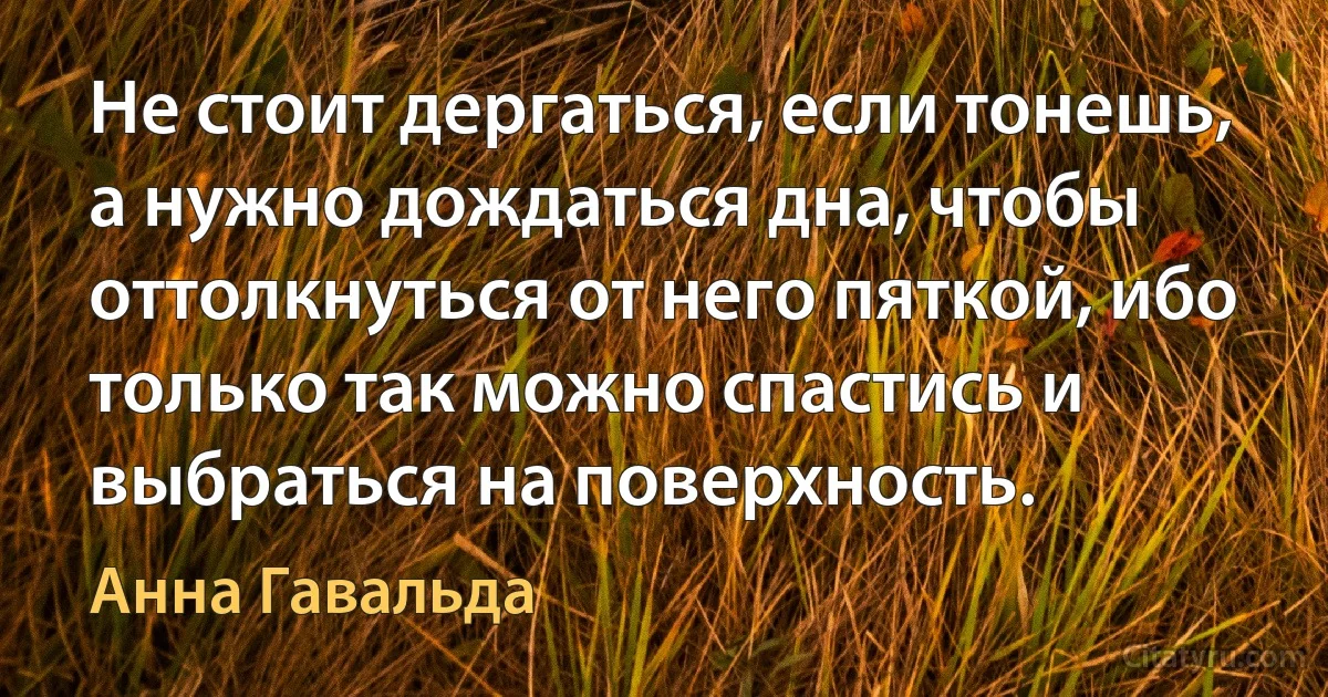 Не стоит дергаться, если тонешь, а нужно дождаться дна, чтобы оттолкнуться от него пяткой, ибо только так можно спастись и выбраться на поверхность. (Анна Гавальда)