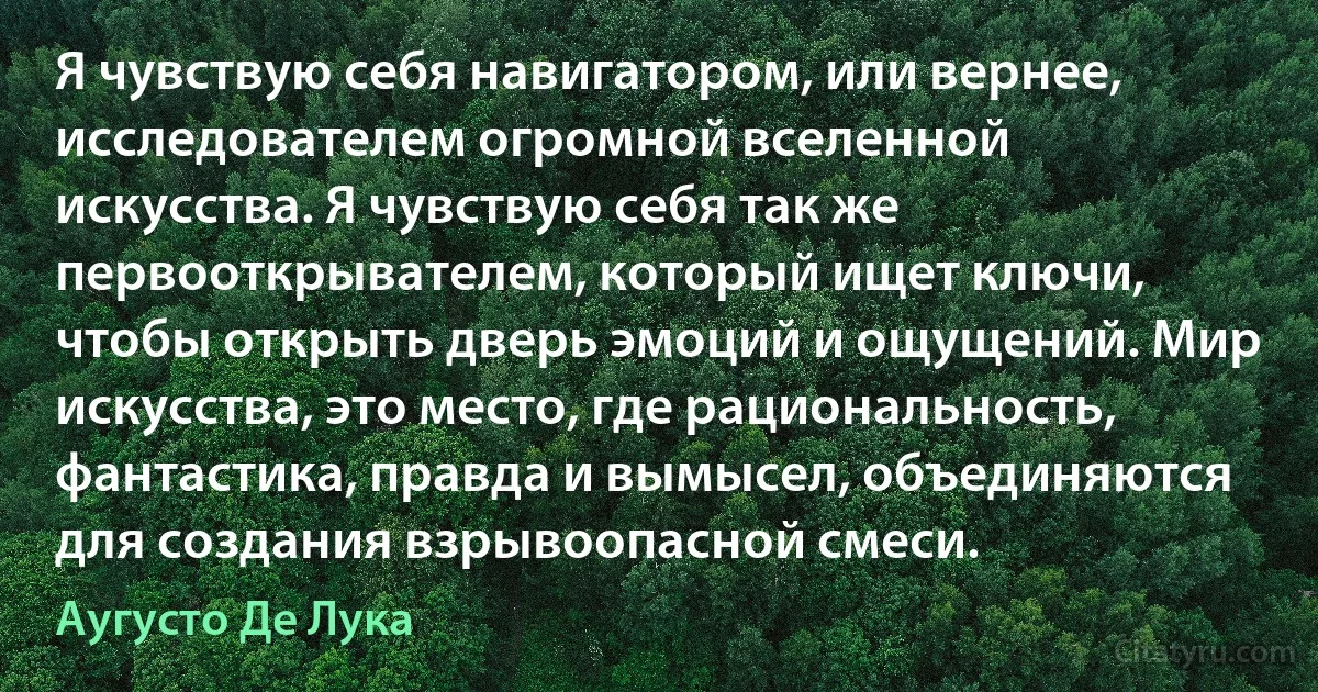 Я чувствую себя навигатором, или вернее, исследователем огромной вселенной искусства. Я чувствую себя так же первооткрывателем, который ищет ключи, чтобы открыть дверь эмоций и ощущений. Мир искусства, это место, где рациональность, фантастика, правда и вымысел, объединяются для создания взрывоопасной смеси. (Аугусто Де Лука)