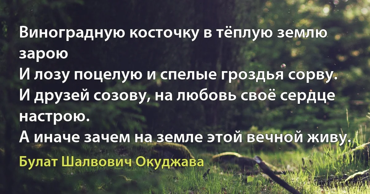 Виноградную косточку в тёплую землю зарою
И лозу поцелую и спелые гроздья сорву.
И друзей созову, на любовь своё сердце настрою.
А иначе зачем на земле этой вечной живу. (Булат Шалвович Окуджава)