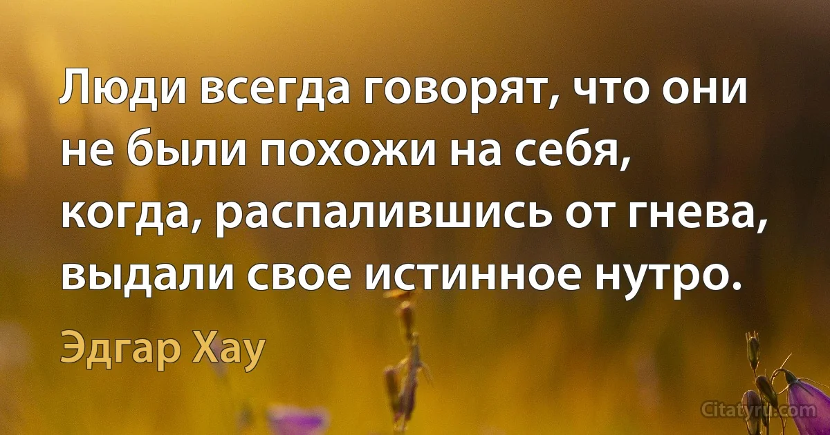 Люди всегда говорят, что они не были похожи на себя, когда, распалившись от гнева, выдали свое истинное нутро. (Эдгар Хау)