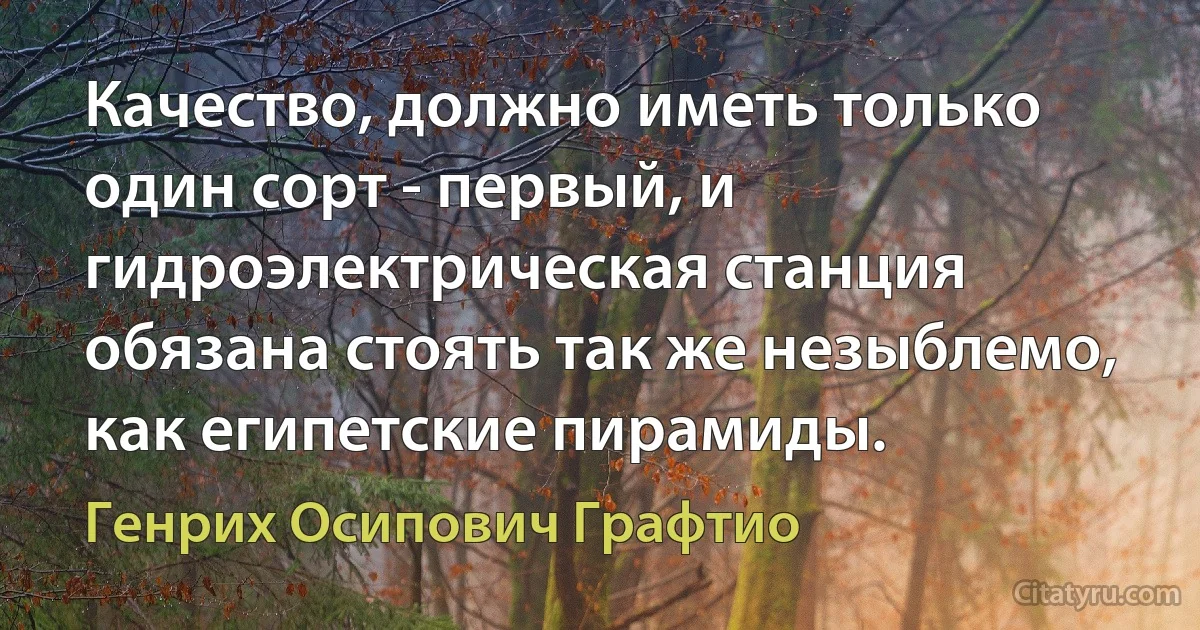 Качество, должно иметь только один сорт - первый, и гидроэлектрическая станция обязана стоять так же незыблемо, как египетские пирамиды. (Генрих Осипович Графтио)