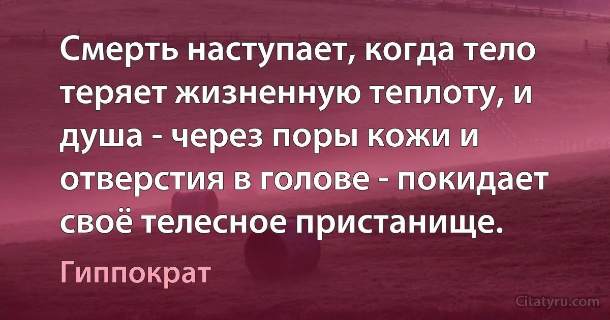 Смерть наступает, когда тело теряет жизненную теплоту, и душа - через поры кожи и отверстия в голове - покидает своё телесное пристанище. (Гиппократ)