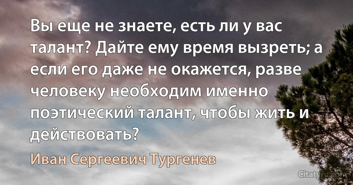 Вы еще не знаете, есть ли у вас талант? Дайте ему время вызреть; а если его даже не окажется, разве человеку необходим именно поэтический талант, чтобы жить и действовать? (Иван Сергеевич Тургенев)