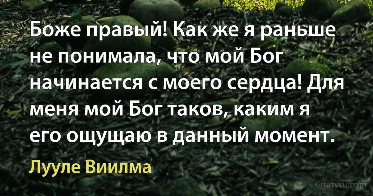 Боже правый! Как же я раньше не понимала, что мой Бог начинается с моего сердца! Для меня мой Бог таков, каким я его ощущаю в данный момент. (Лууле Виилма)