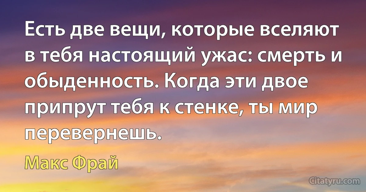 Есть две вещи, которые вселяют в тебя настоящий ужас: смерть и обыденность. Когда эти двое припрут тебя к стенке, ты мир перевернешь. (Макс Фрай)