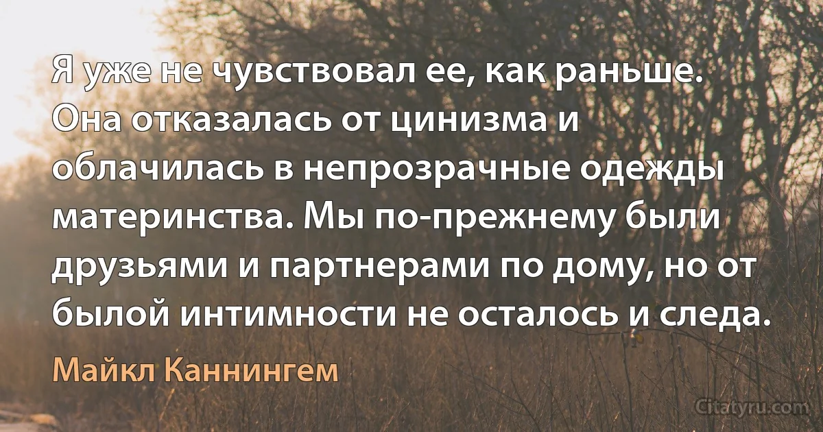 Я уже не чувствовал ее, как раньше. Она отказалась от цинизма и облачилась в непрозрачные одежды материнства. Мы по-прежнему были друзьями и партнерами по дому, но от былой интимности не осталось и следа. (Майкл Каннингем)