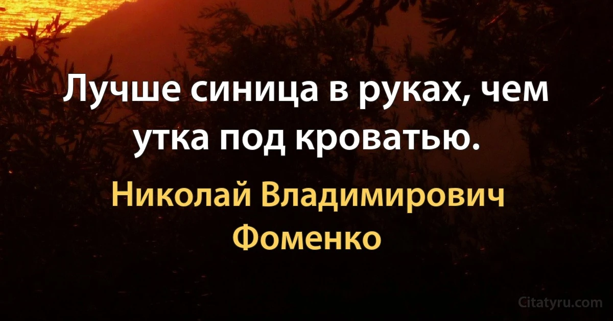 Лучше синица в руках, чем утка под кроватью. (Николай Владимирович Фоменко)