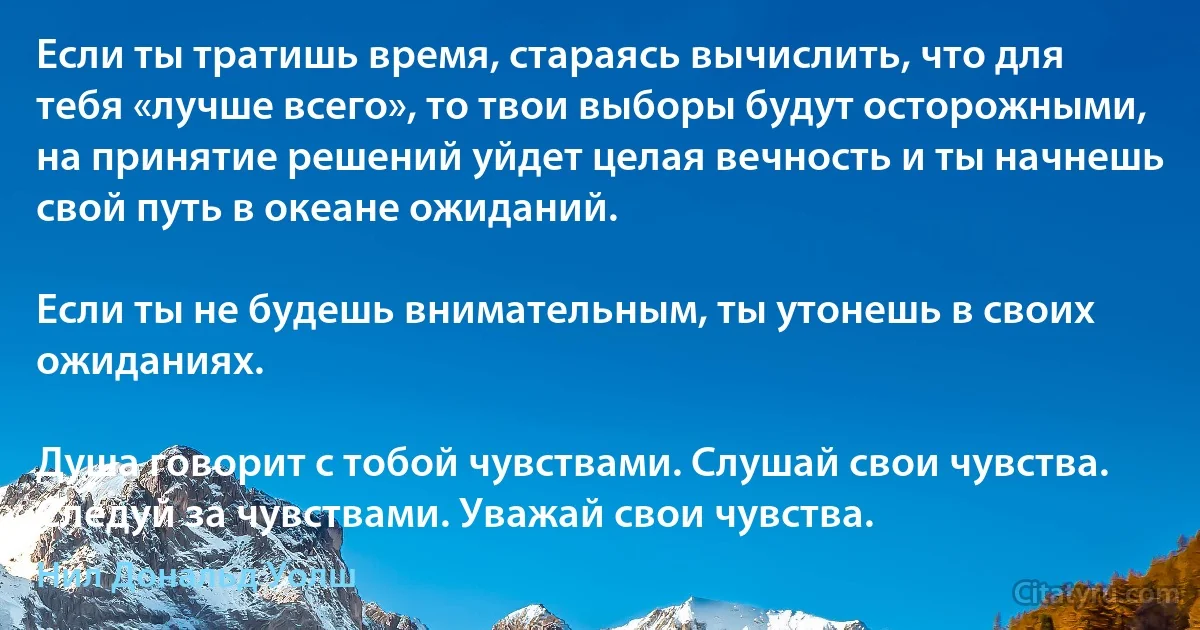 Если ты тратишь время, стараясь вычислить, что для тебя «лучше всего», то твои выборы будут осторожными, на принятие решений уйдет целая вечность и ты начнешь свой путь в океане ожиданий.

Если ты не будешь внимательным, ты утонешь в своих ожиданиях.

Душа говорит с тобой чувствами. Слушай свои чувства. Следуй за чувствами. Уважай свои чувства. (Нил Дональд Уолш)