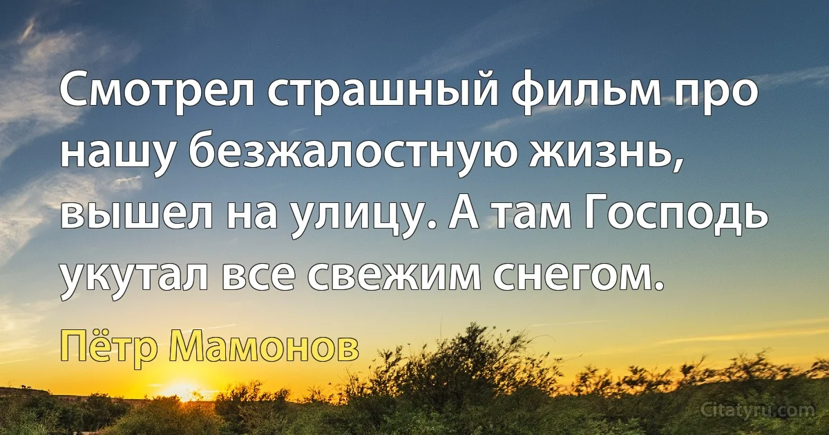 Смотрел страшный фильм про нашу безжалостную жизнь, вышел на улицу. А там Господь укутал все свежим снегом. (Пётр Мамонов)