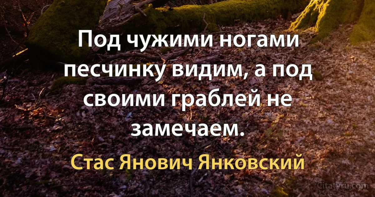 Под чужими ногами песчинку видим, а под своими граблей не замечаем. (Стас Янович Янковский)