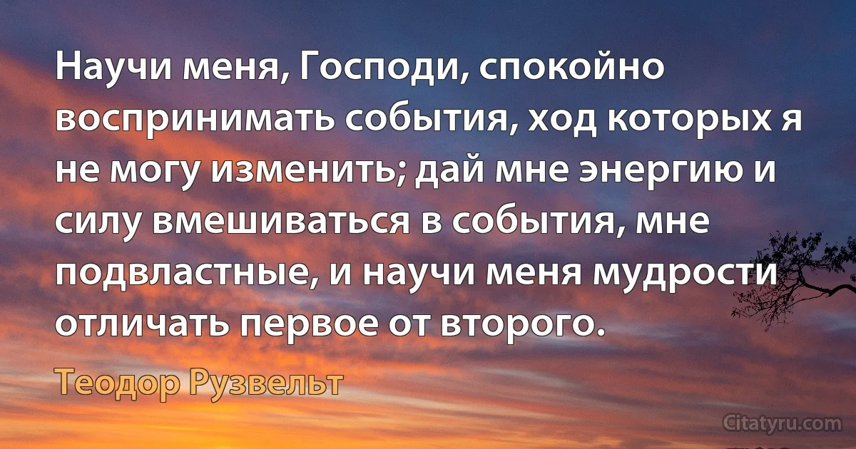 Научи меня, Господи, спокойно воспринимать события, ход которых я не могу изменить; дай мне энергию и силу вмешиваться в события, мне подвластные, и научи меня мудрости отличать первое от второго. (Теодор Рузвельт)