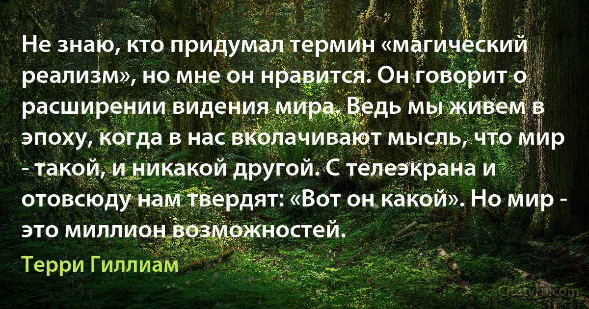 Не знаю, кто придумал термин «магический реализм», но мне он нравится. Он говорит о расширении видения мира. Ведь мы живем в эпоху, когда в нас вколачивают мысль, что мир - такой, и никакой другой. С телеэкрана и отовсюду нам твердят: «Вот он какой». Но мир - это миллион возможностей. (Терри Гиллиам)