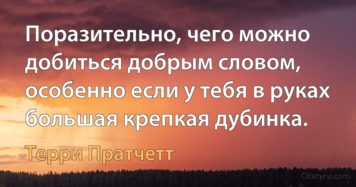 Поразительно, чего можно добиться добрым словом, особенно если у тебя в руках большая крепкая дубинка. (Терри Пратчетт)