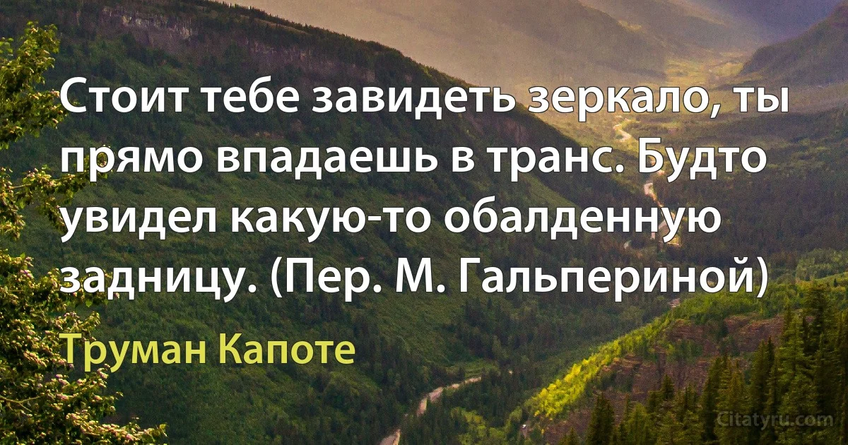 Стоит тебе завидеть зеркало, ты прямо впадаешь в транс. Будто увидел какую-то обалденную задницу. (Пер. М. Гальпериной) (Труман Капоте)