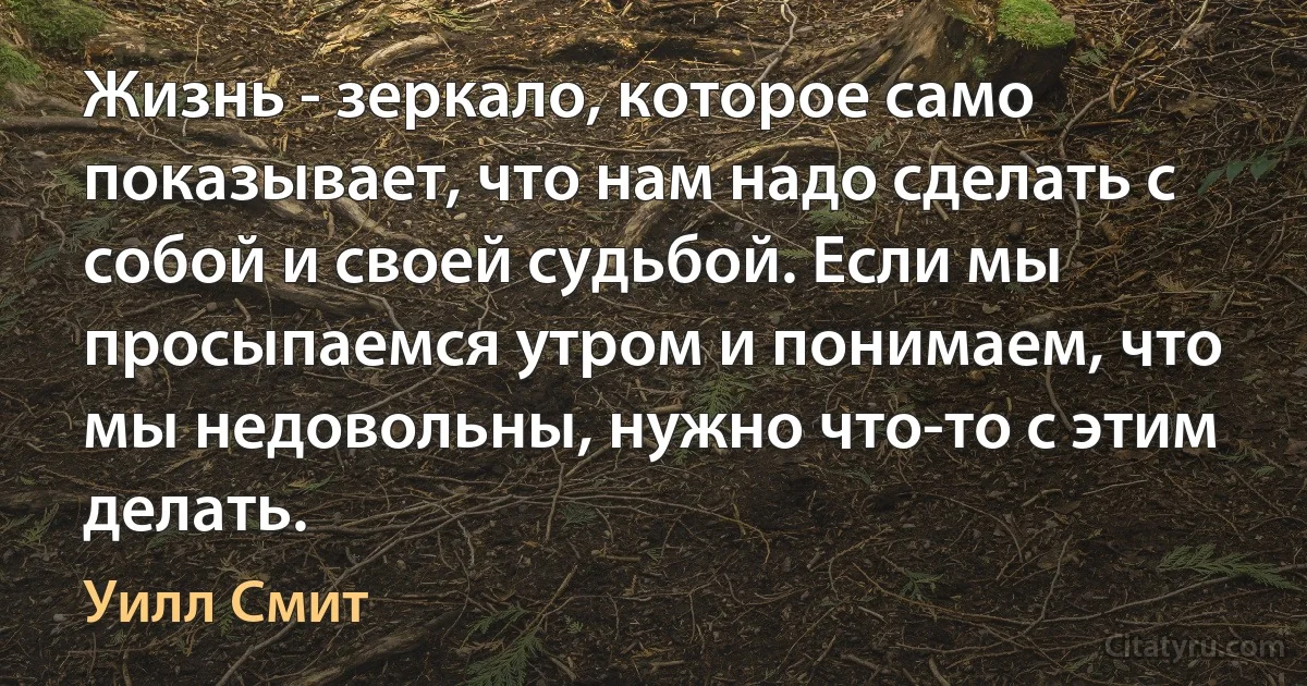 Жизнь - зеркало, которое само показывает, что нам надо сделать с собой и своей судьбой. Если мы просыпаемся утром и понимаем, что мы недовольны, нужно что-то с этим делать. (Уилл Смит)