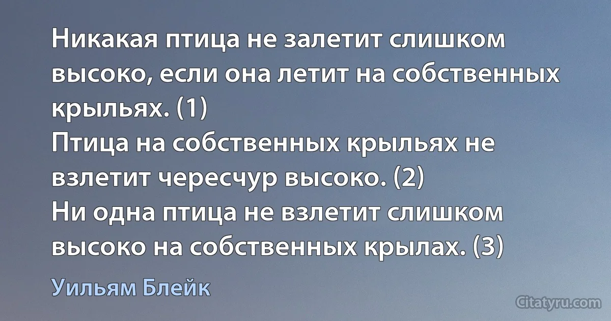 Никакая птица не залетит слишком высоко, если она летит на собственных крыльях. (1)
Птица на собственных крыльях не взлетит чересчур высоко. (2)
Ни одна птица не взлетит слишком высоко на собственных крылах. (3) (Уильям Блейк)