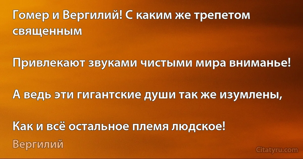 Гомер и Вергилий! С каким же трепетом священным

Привлекают звуками чистыми мира вниманье!

А ведь эти гигантские души так же изумлены,

Как и всё остальное племя людское! (Вергилий)