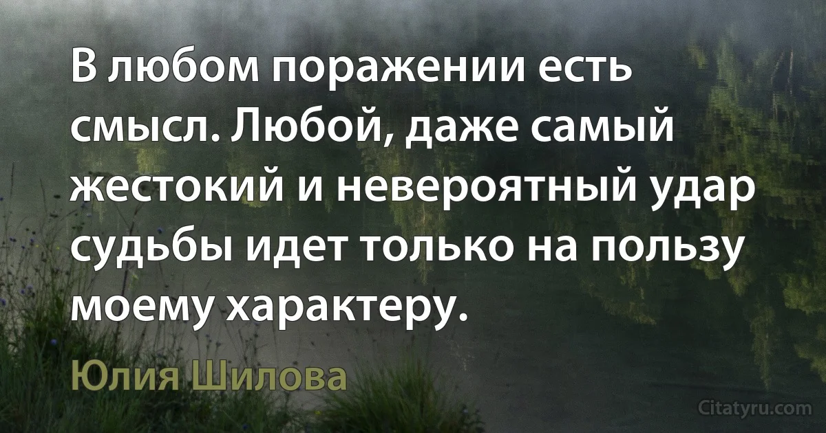 В любом поражении есть смысл. Любой, даже самый жестокий и невероятный удар судьбы идет только на пользу моему характеру. (Юлия Шилова)