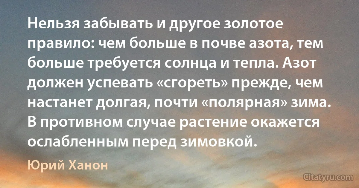 Нельзя забывать и другое золотое правило: чем больше в почве азота, тем больше требуется солнца и тепла. Азот должен успевать «сгореть» прежде, чем настанет долгая, почти «полярная» зима. В противном случае растение окажется ослабленным перед зимовкой. (Юрий Ханон)