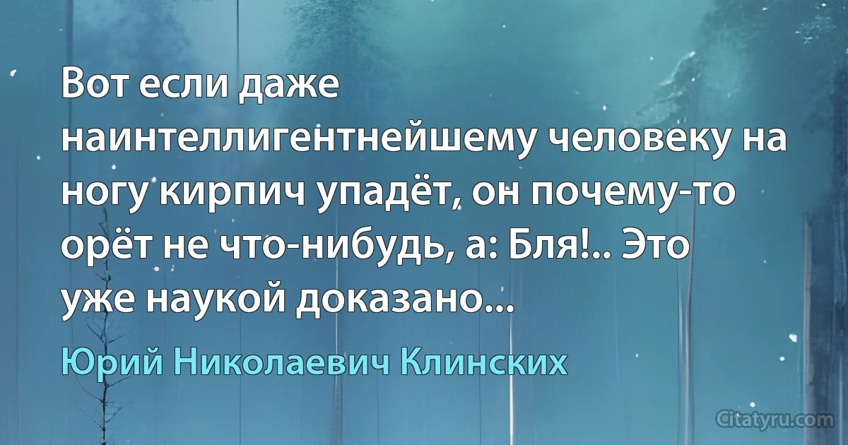 Вот если даже наинтеллигентнейшему человеку на ногу кирпич упадёт, он почему-то орёт не что-нибудь, а: Бля!.. Это уже наукой доказано... (Юрий Николаевич Клинских)