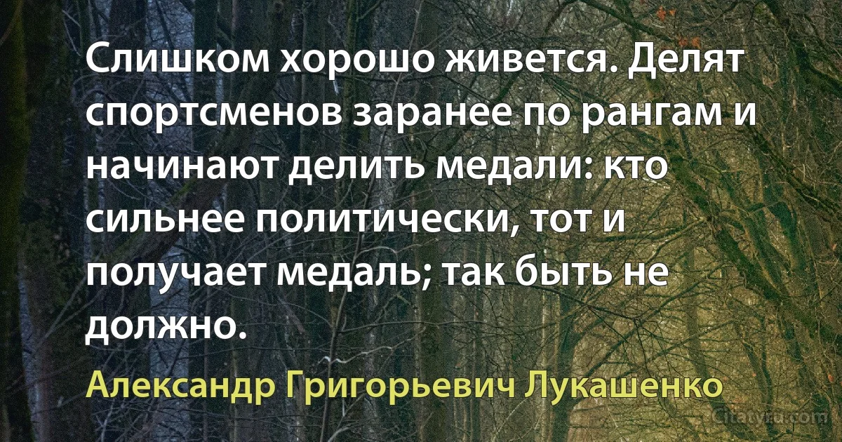 Слишком хорошо живется. Делят спортсменов заранее по рангам и начинают делить медали: кто сильнее политически, тот и получает медаль; так быть не должно. (Александр Григорьевич Лукашенко)