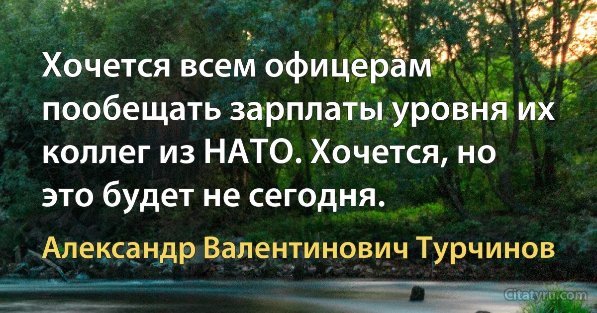 Хочется всем офицерам пообещать зарплаты уровня их коллег из НАТО. Хочется, но это будет не сегодня. (Александр Валентинович Турчинов)