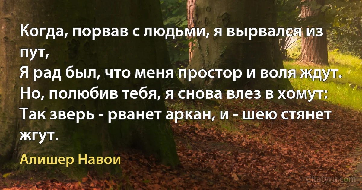 Когда, порвав с людьми, я вырвался из пут,
Я рад был, что меня простор и воля ждут.
Но, полюбив тебя, я снова влез в хомут:
Так зверь - рванет аркан, и - шею стянет жгут. (Алишер Навои)