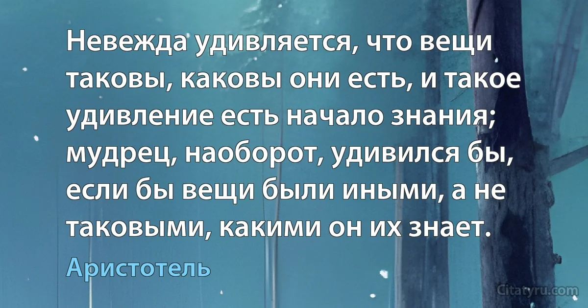 Невежда удивляется, что вещи таковы, каковы они есть, и такое удивление есть начало знания; мудрец, наоборот, удивился бы, если бы вещи были иными, а не таковыми, какими он их знает. (Аристотель)