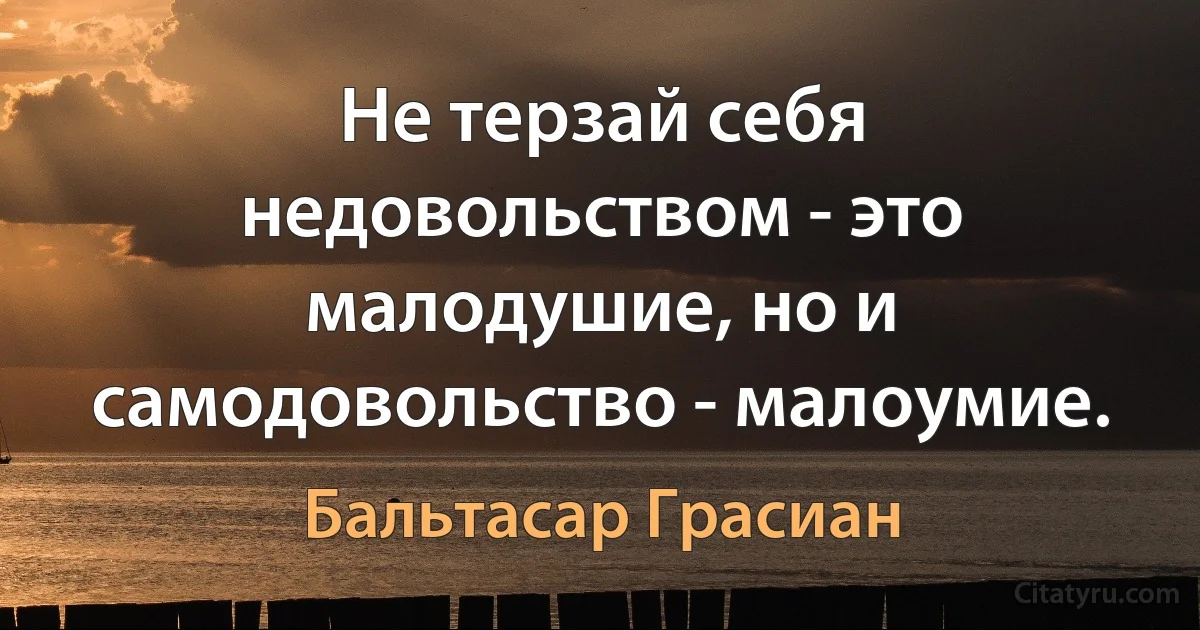 Не терзай себя недовольством - это малодушие, но и самодовольство - малоумие. (Бальтасар Грасиан)