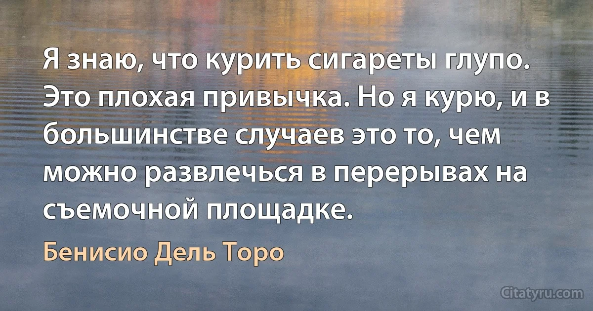 Я знаю, что курить сигареты глупо. Это плохая привычка. Но я курю, и в большинстве случаев это то, чем можно развлечься в перерывах на съемочной площадке. (Бенисио Дель Торо)